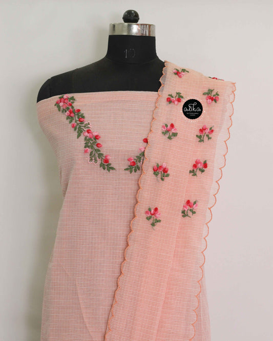 Pastel Peach Kota Unstitched Top & Dupatta Set with Floral Hand Embroidery – Alika Fashion Store