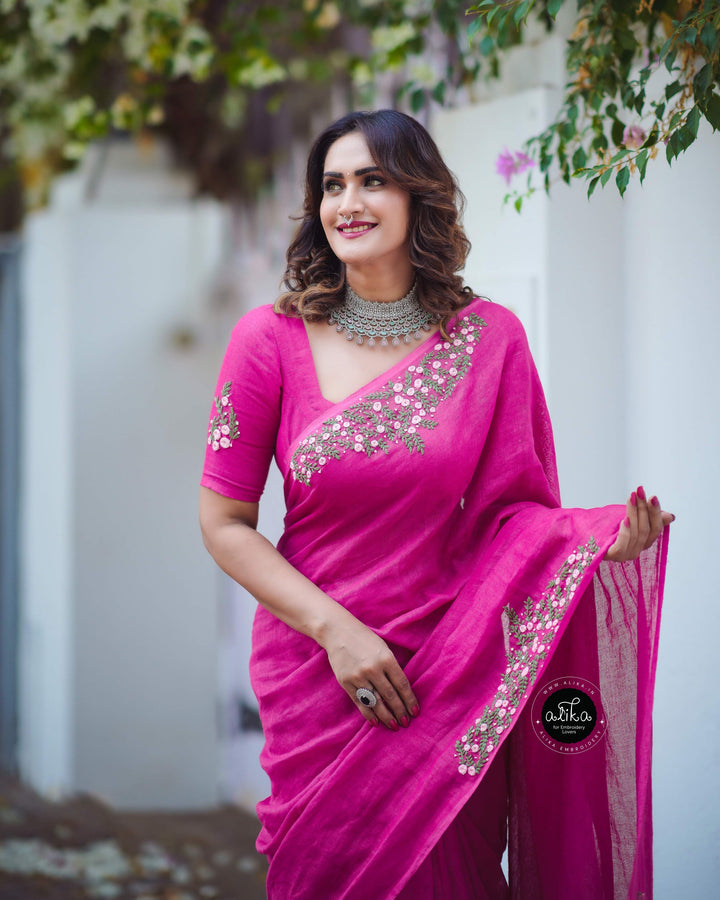Rani Pink Linen Saree with Floral Hand Embroidery