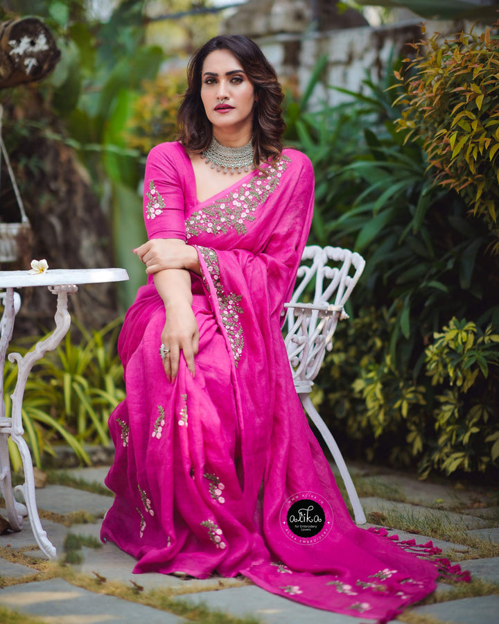 Rani Pink Linen Saree with Floral Hand Embroidery