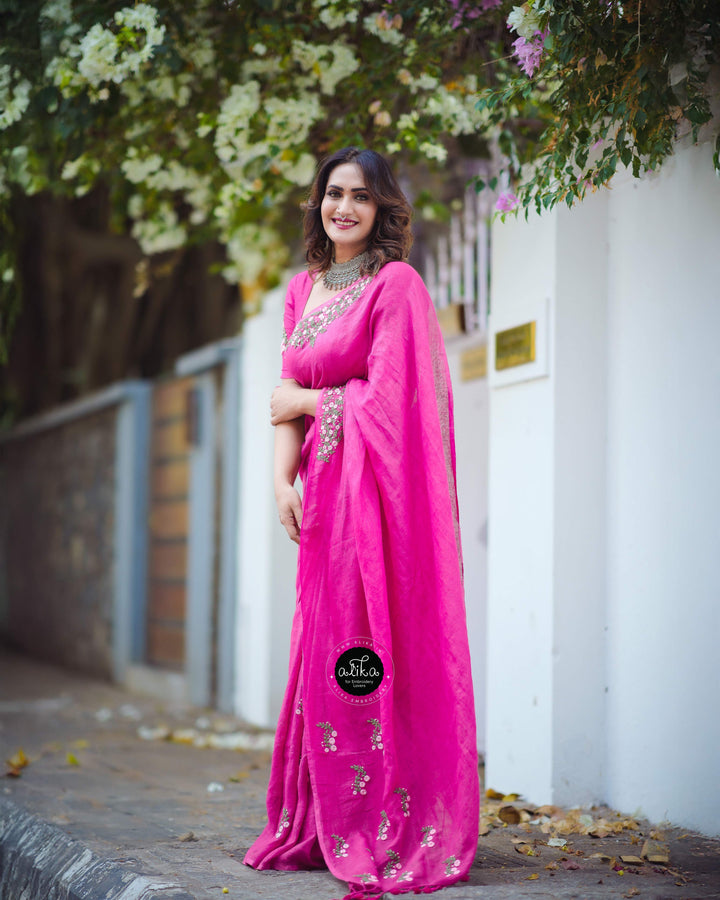 Rani Pink Linen Saree with Floral Hand Embroidery