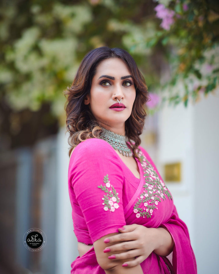 Rani Pink Linen Saree with Floral Hand Embroidery