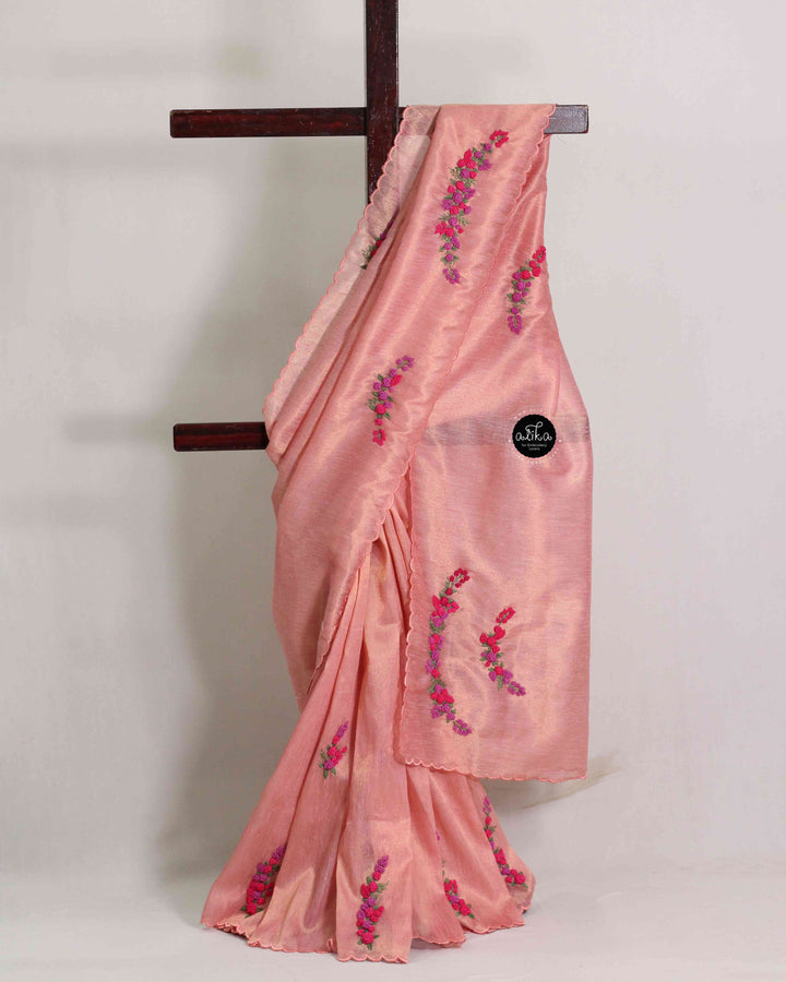 Peach Semi Silk Saree with Floral Hand Embroidery