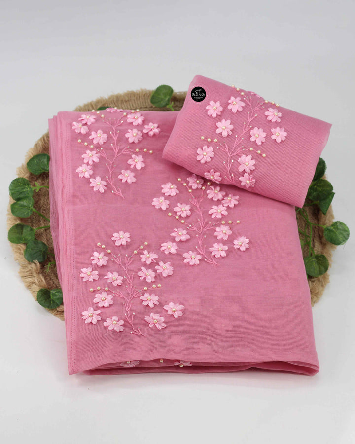 Pink Kota Saree with Floral Ribbon &amp; Bead Work