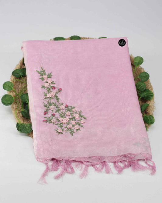 Light Pink Semi Tussar Silk Saree with Hand Embroidery & Bead Work