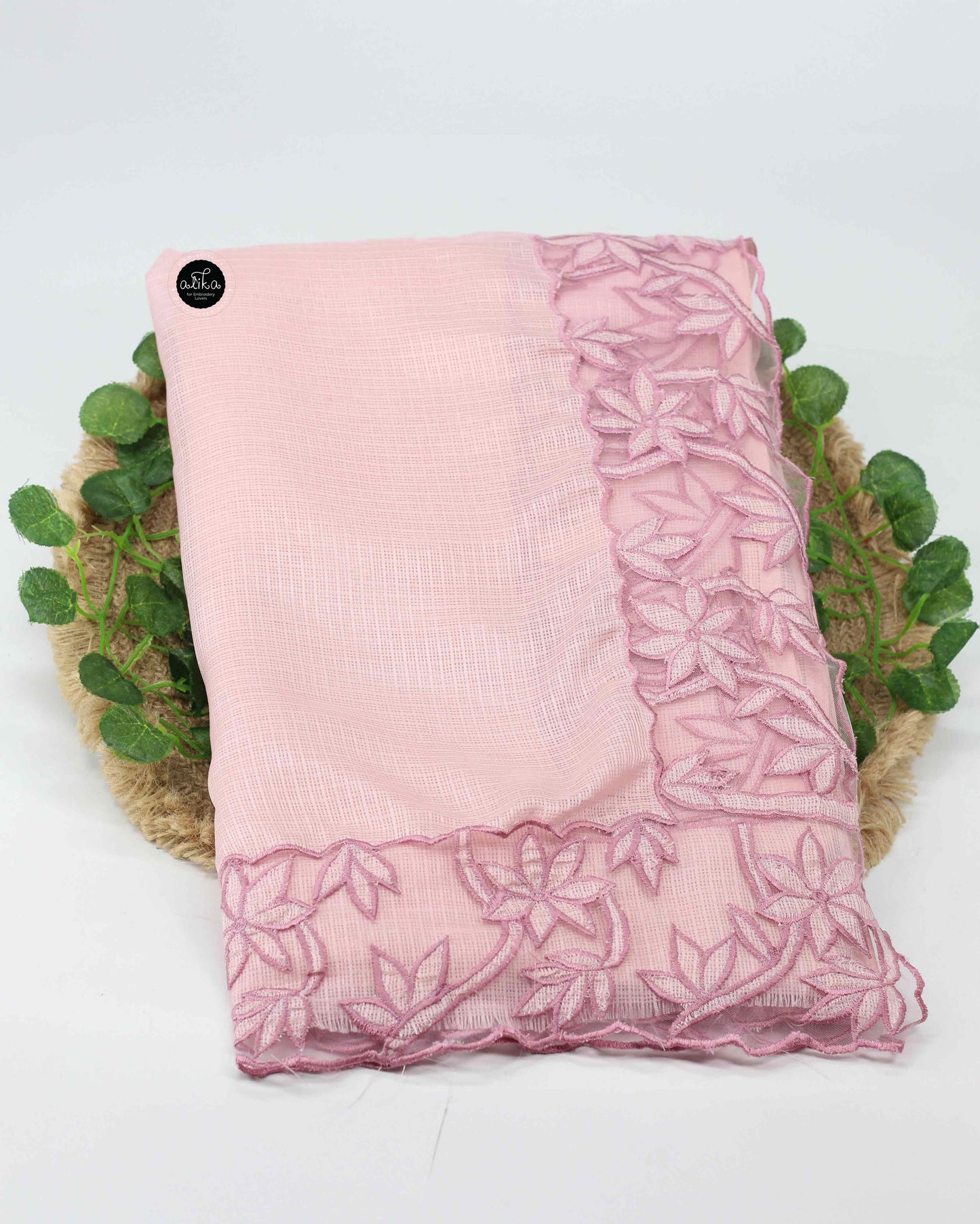 Baby Pink Silky Kota Saree with Floral Net Applique Border – Festive Elegance