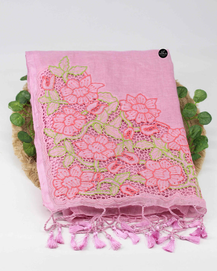 Light Pink Pure Linen Saree with Floral Twine Cutwork