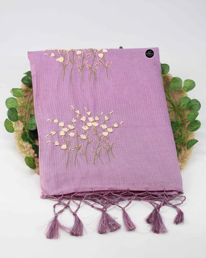 Lilac Chanderi Saree with Floral Hand Embroidery