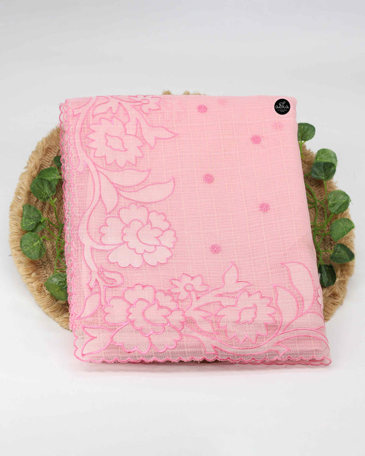 Light Pink Kota Saree with Floral Applique Work