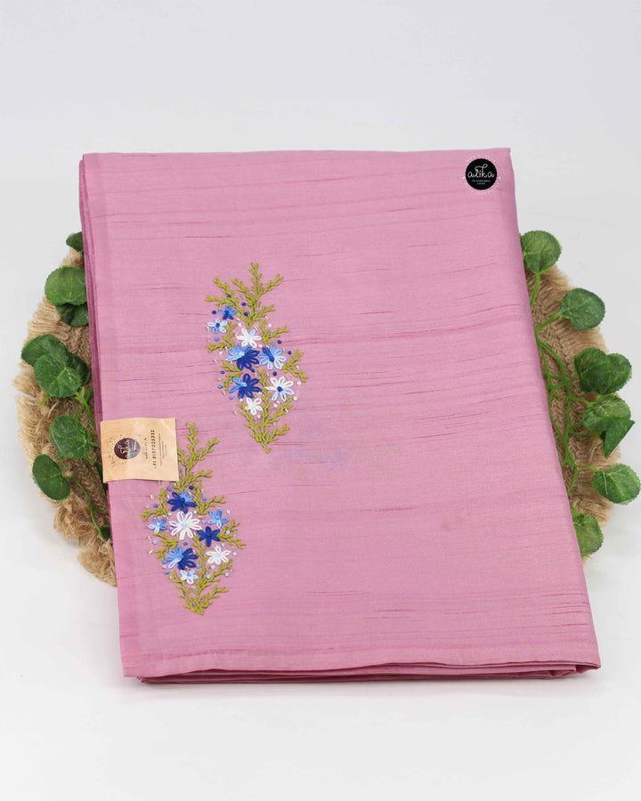Orchid Pink Semi Silk Saree with Floral Hand Embroidery