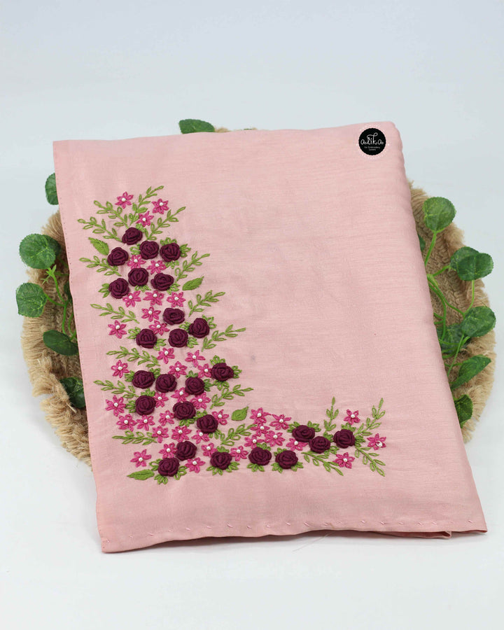 Dusty Rose Semi Soft Silk Saree with Floral Hand Embroidery