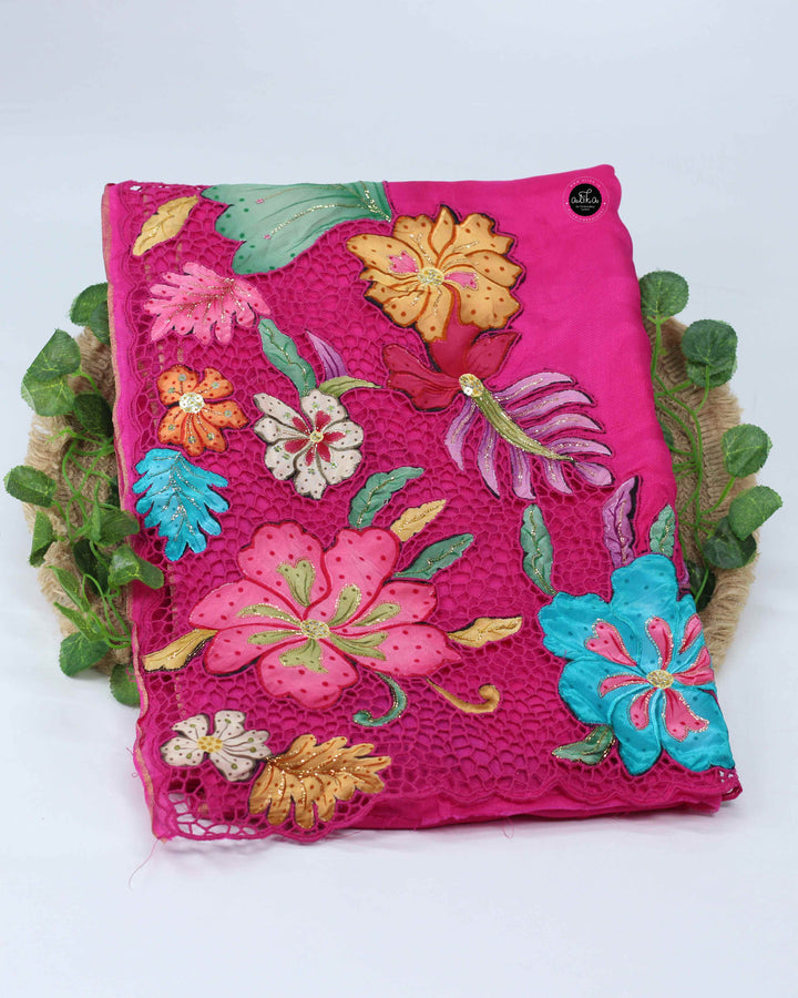 Rani Pink Crispy Georgette Saree with Floral Applique and Cutwork