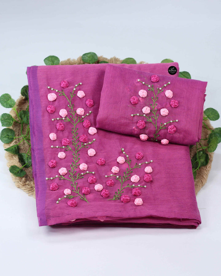 Purple Pink Kota Saree with Floral Ribbon Work