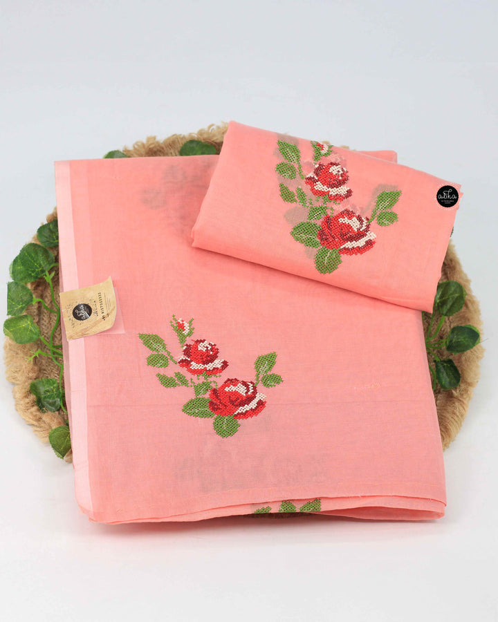 Peach Chanderi Saree with Floral Cross Stitch Embroidery