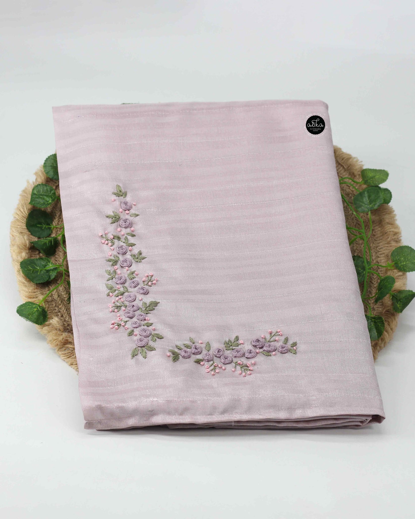 Light Lavender Semi Silk Saree with Floral Hand Embroidery