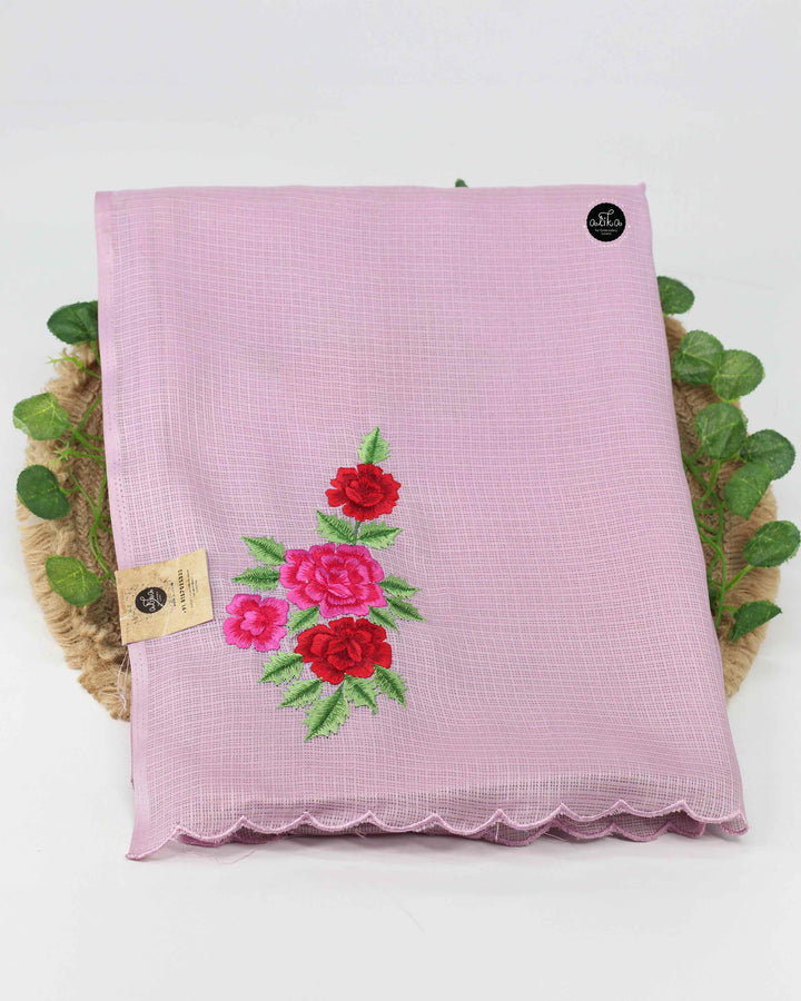 Lavender Silky Kota Saree with Floral Machine Embroidery