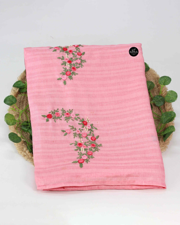 Blush Pink Semi Silk Saree with Floral Hand Embroidery