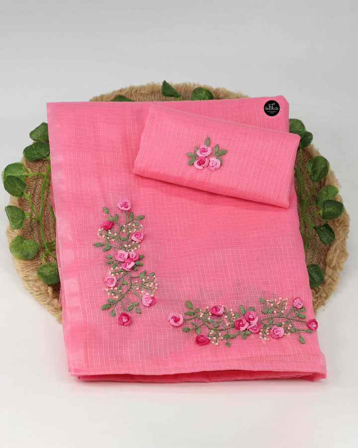 Light Pink Silky Kota Saree with Floral Hand Embroidery