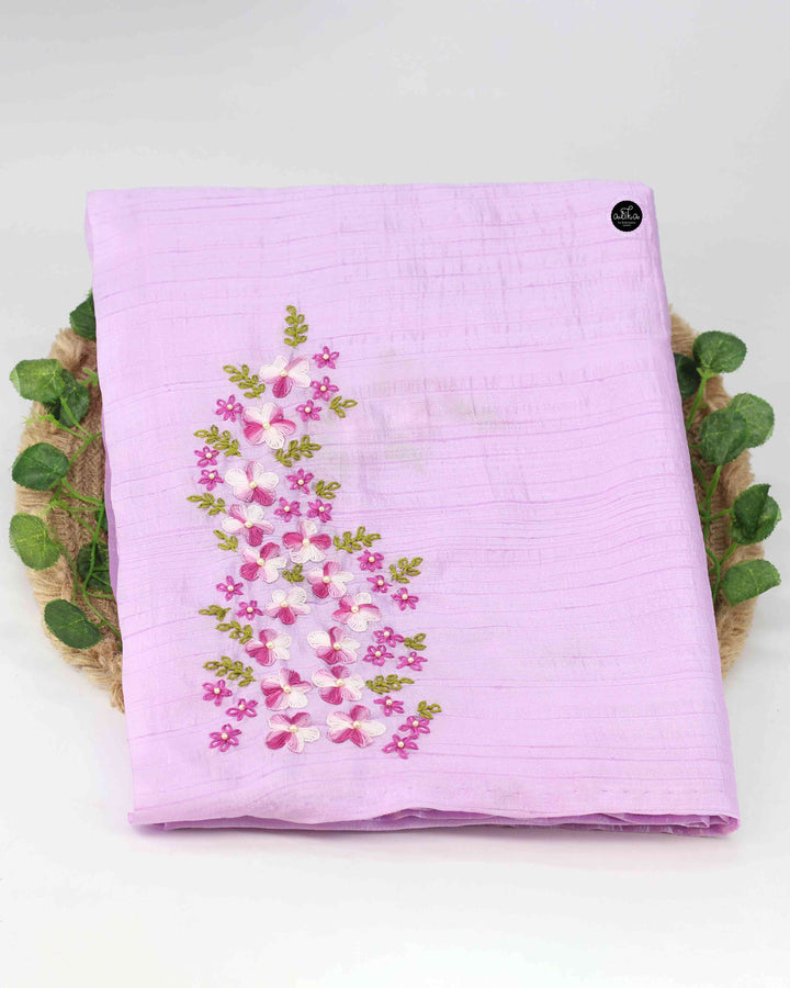 Lavender Semi Silk Saree with Floral Hand Embroidery