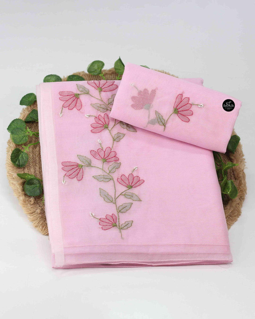 Light Pink Kota Saree with Floral Shadow Work