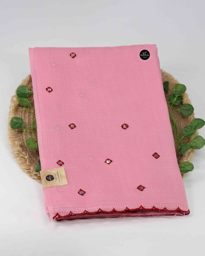 Light Pink Silky Kota Saree with Mirror Work – Graceful Festive Wear