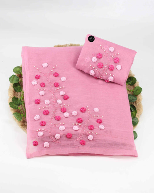 Light Pink Kota Saree with Floral Ribbon Work – Premium Ethnic Wear