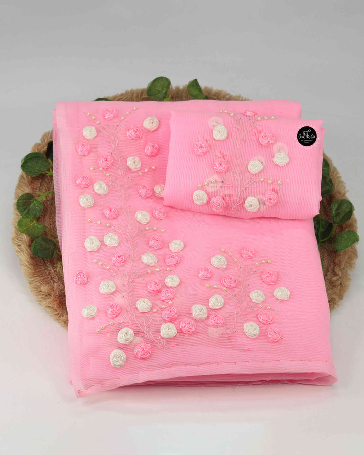 Baby Pink Kota Saree with Floral Ribbon Work