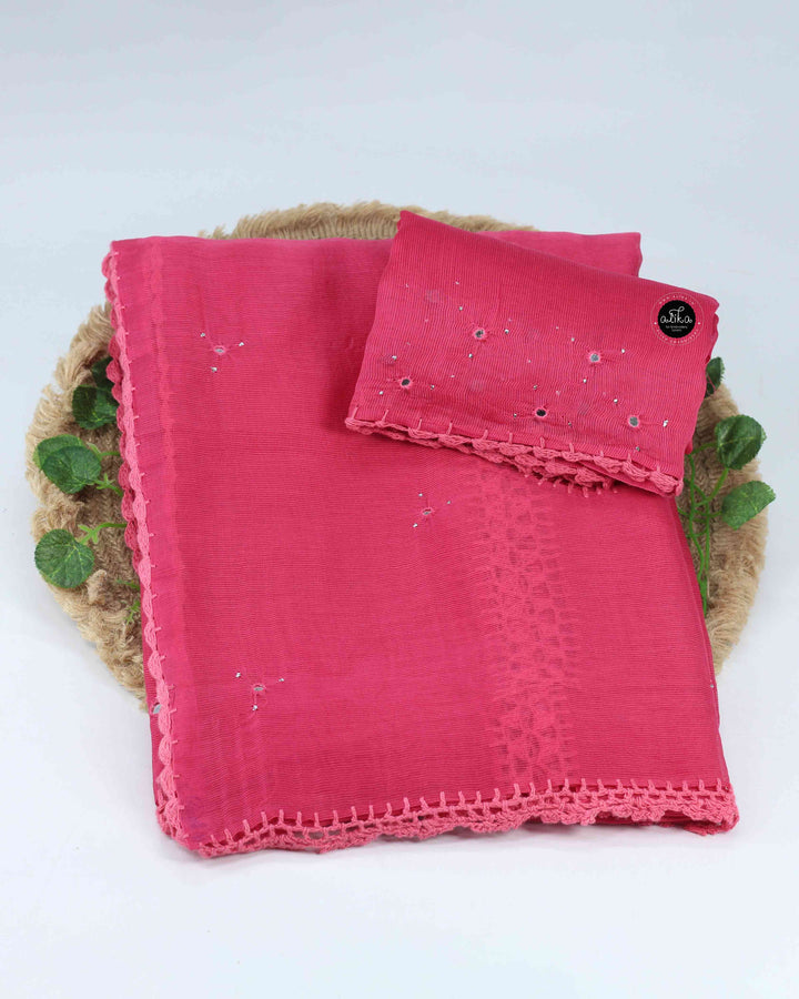 Peach Kota Doria Saree with Crochet Detailing and Mirror Work