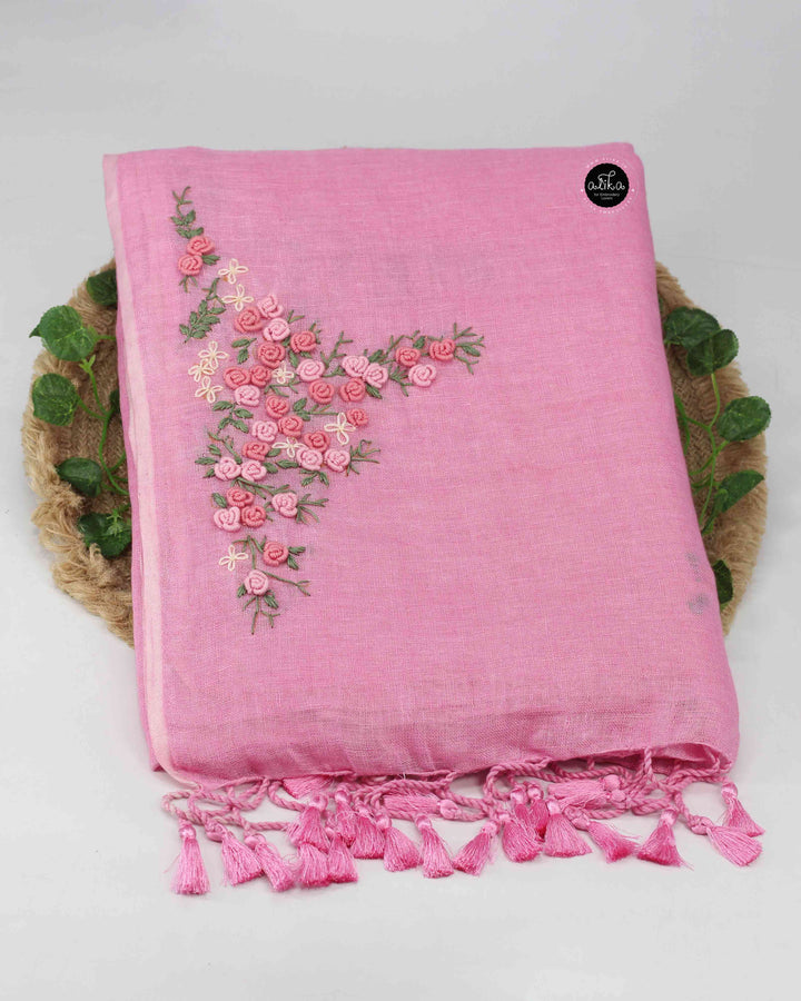 Pastel Pink Pure Linen Saree with Floral Hand Embroidery