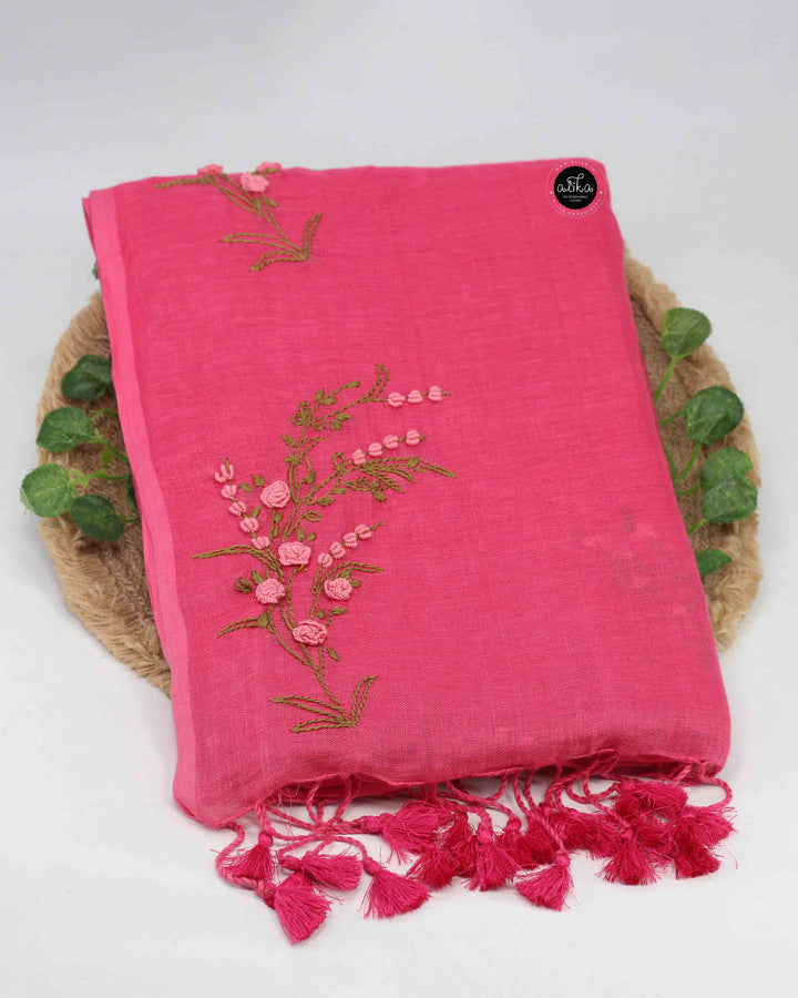 Warm Pink Pure Linen Saree with Floral Hand Embroidery