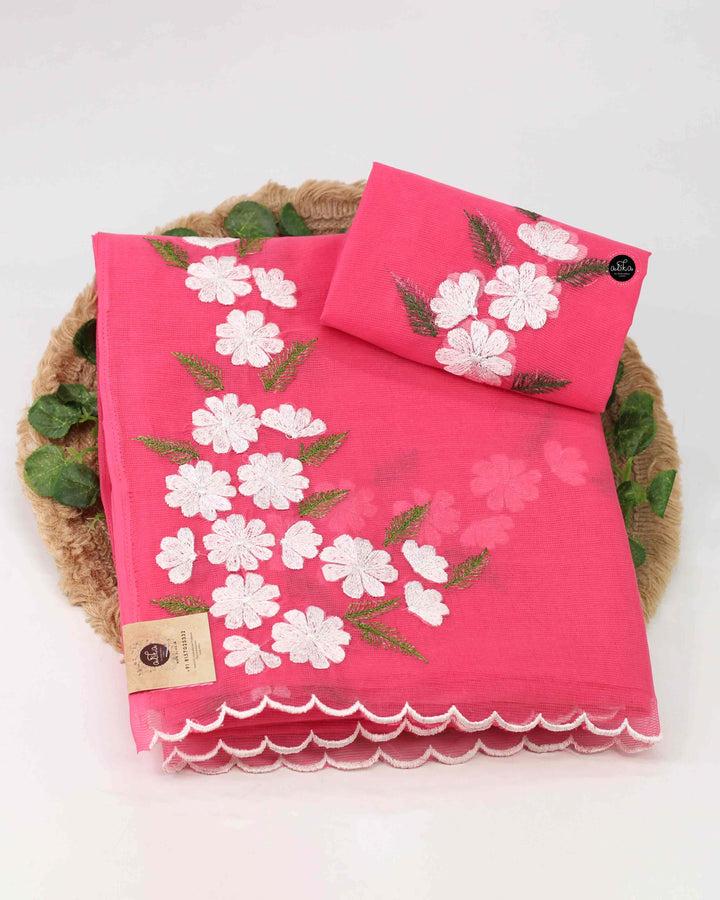 Warm Pink Kota Saree with Floral Machine Embroidery