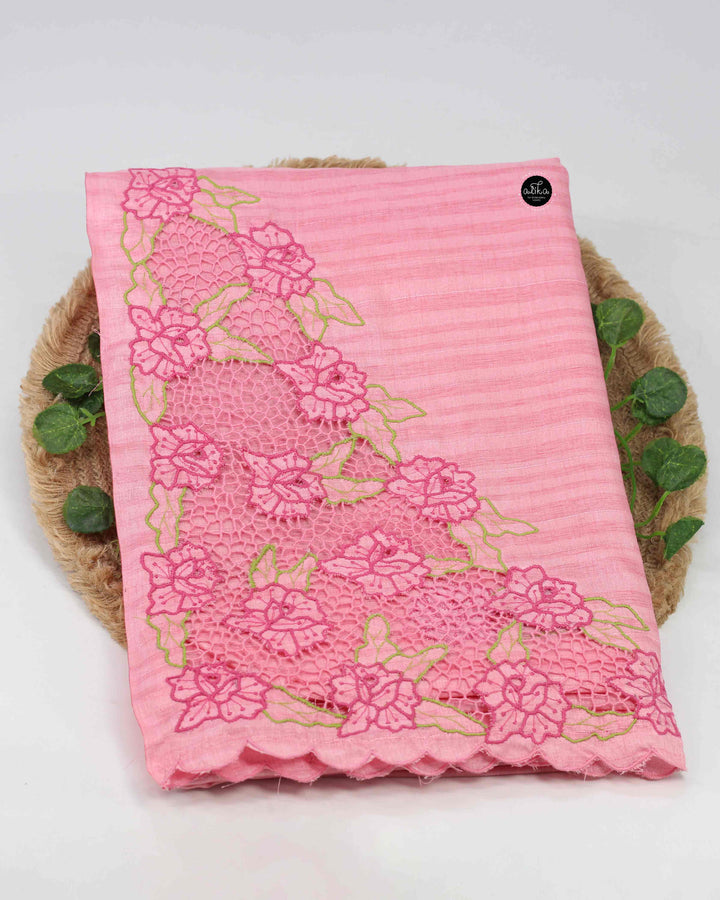Blush Pink Semi Silk Saree with Floral Cutwork