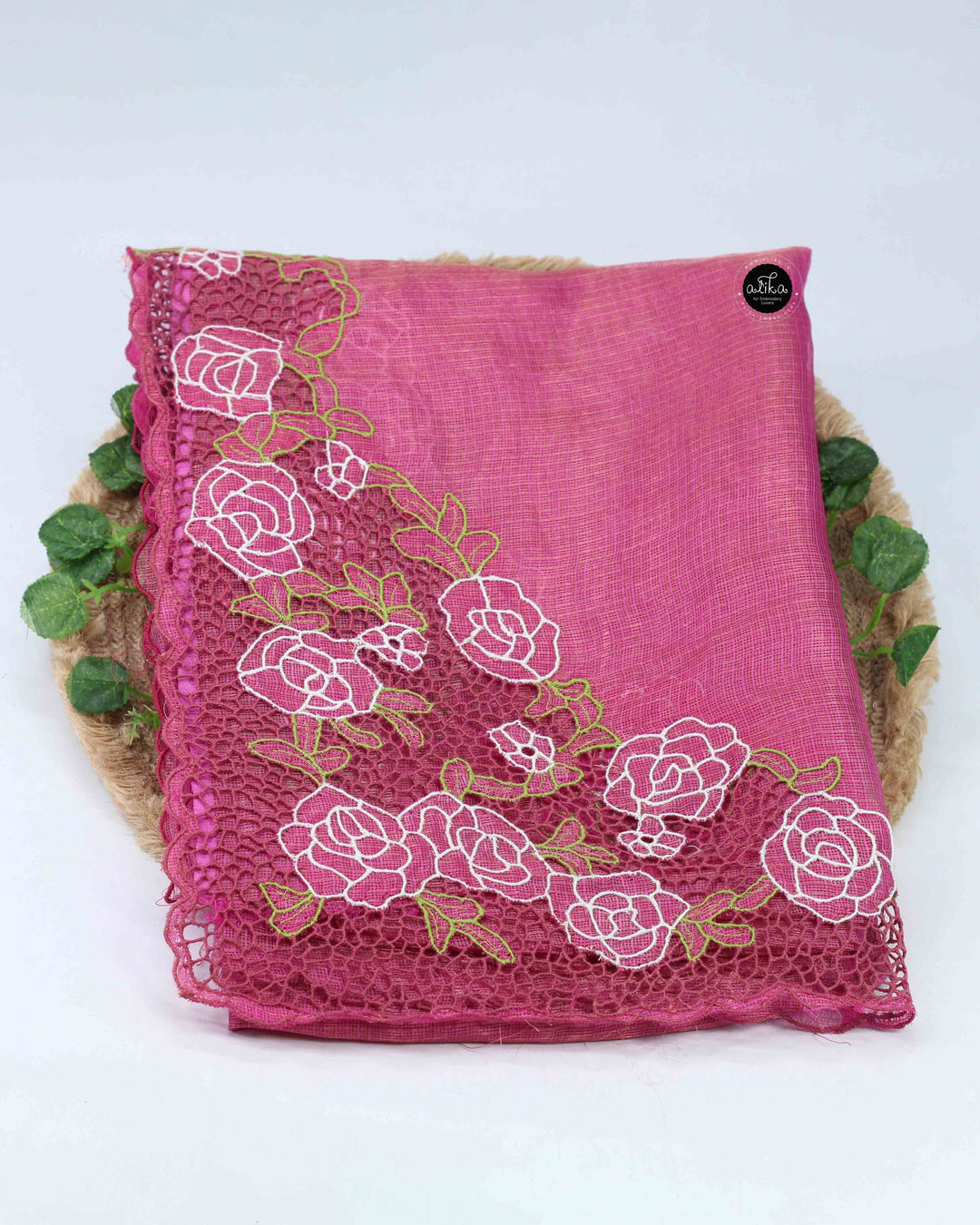 Raspberry Pink Pure Tissue Saree with Floral Twine Cutwork