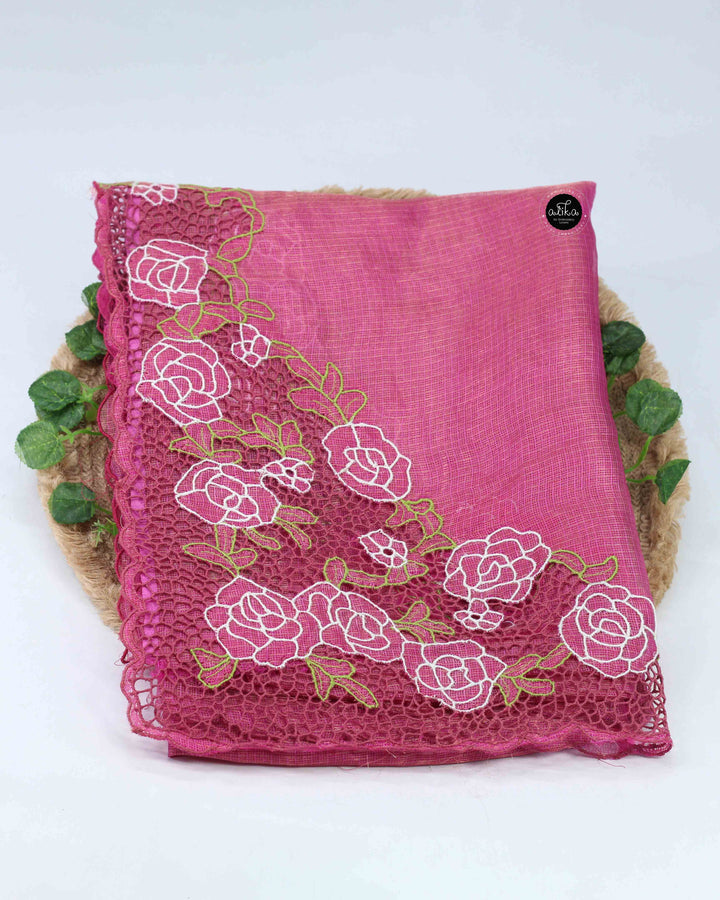 Raspberry Pink Pure Tissue Saree with Floral Twine Cutwork