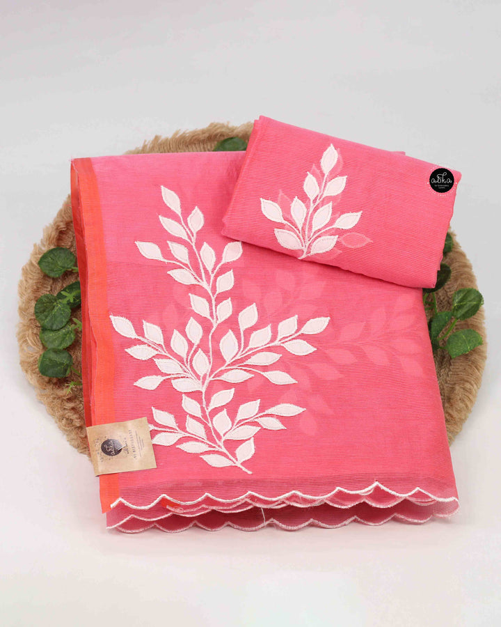 Peach Kota Saree with Floral Appliqué Work