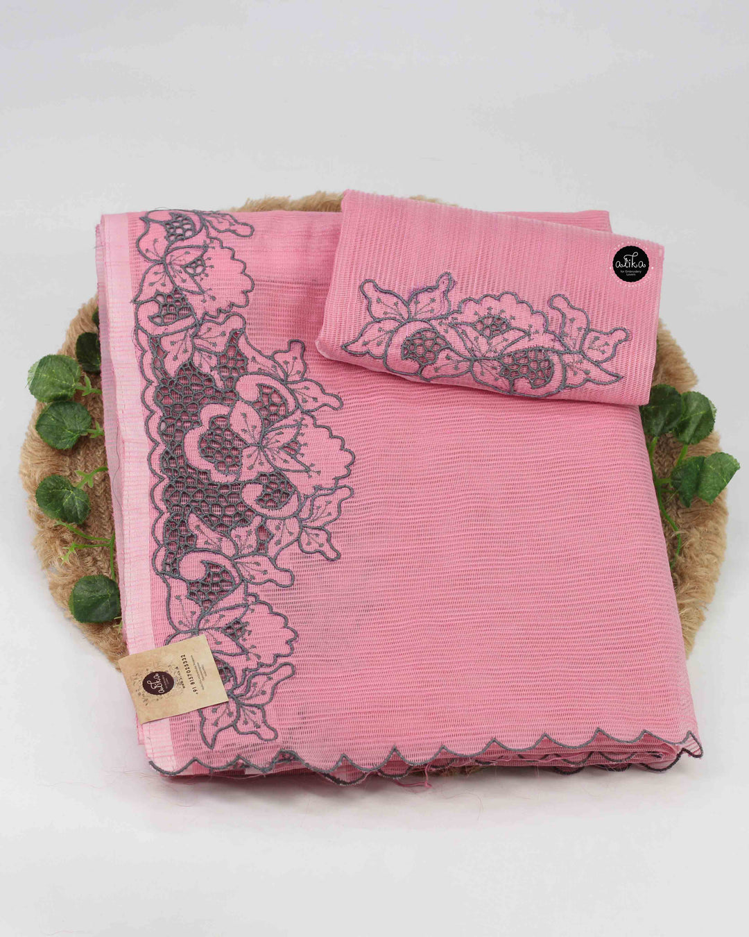 Light Pink Kota Saree with Floral Cutwork