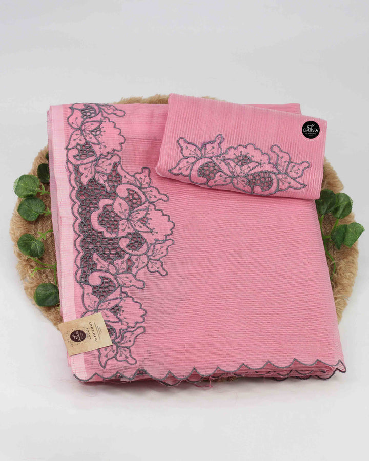 Light Pink Kota Saree with Floral Cutwork
