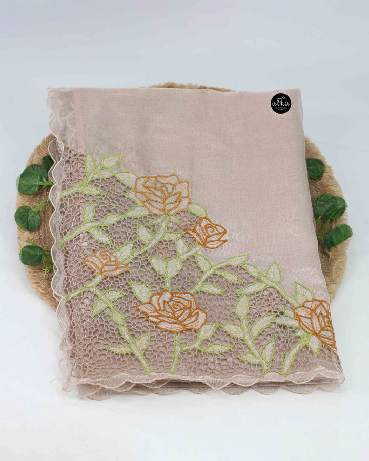 Champagne Beige Pure Tissue Saree with Floral Twine Cutwork