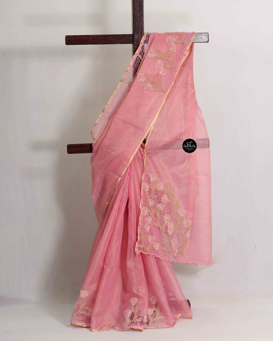 Peachish Pink Pure Tissue Saree with Floral Twine Cutwork