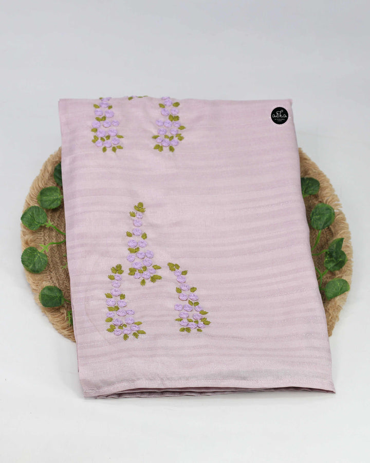 Lavender semi silk saree with floral hand embroidery