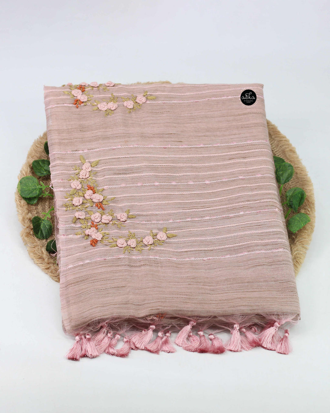 Champagne Pink Semi Linen Saree with Floral Hand Embroidery