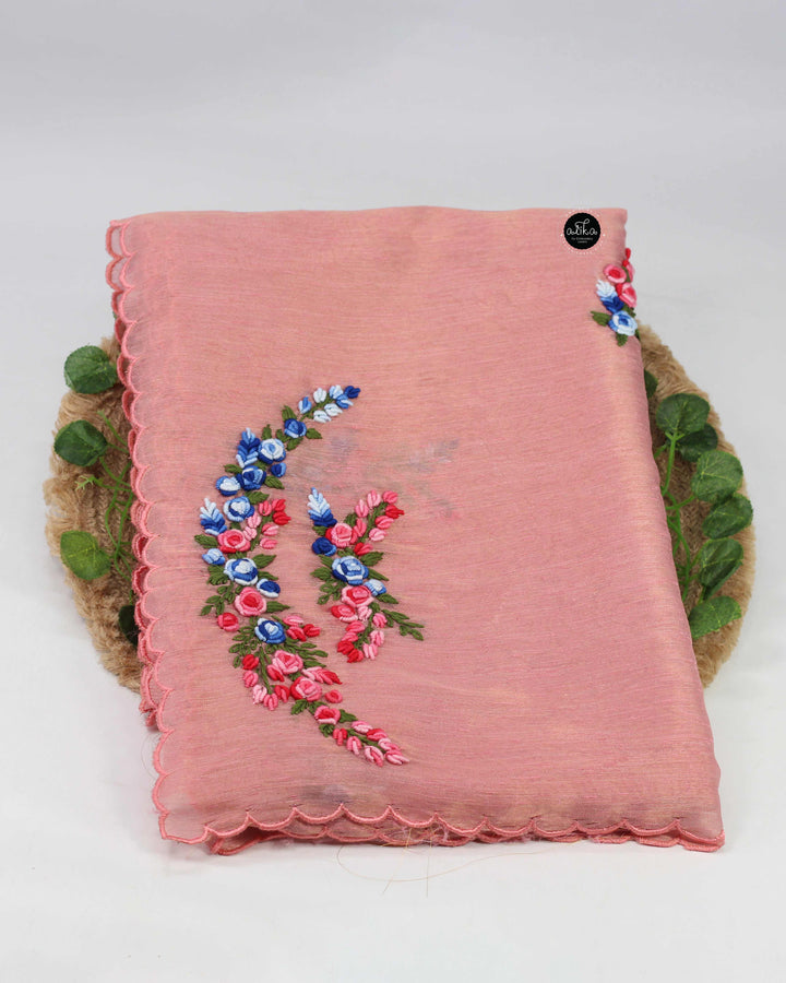 Peach Semi Silk Saree with Floral Hand Embroidery