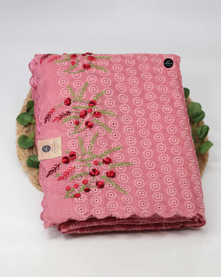 Peach Phulkari Saree with Floral Hand Embroidery
