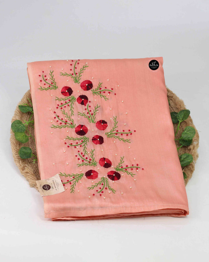 Soft Orange Pure Tussar Silk Saree with Floral Hand Embroidery and Bead Work