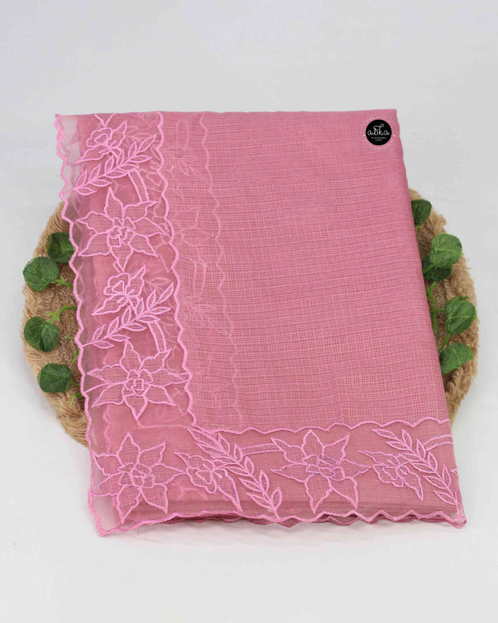 Pale Pink Silky Kota Saree with Floral Appliqué Border