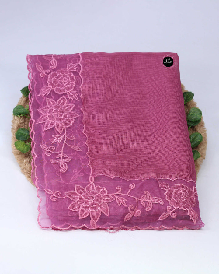 Onion Pink Silky Kota Saree with Floral Hand Embroidery