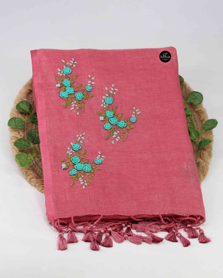Light Maroon Pure Linen Saree with Floral Hand Embroidery