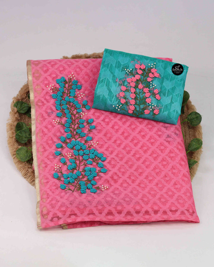 Rose Pink Chanderi Saree with Floral Hand Embroidery