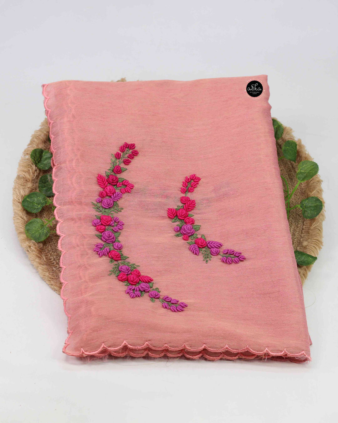 Peach Semi Silk Saree with Floral Hand Embroidery