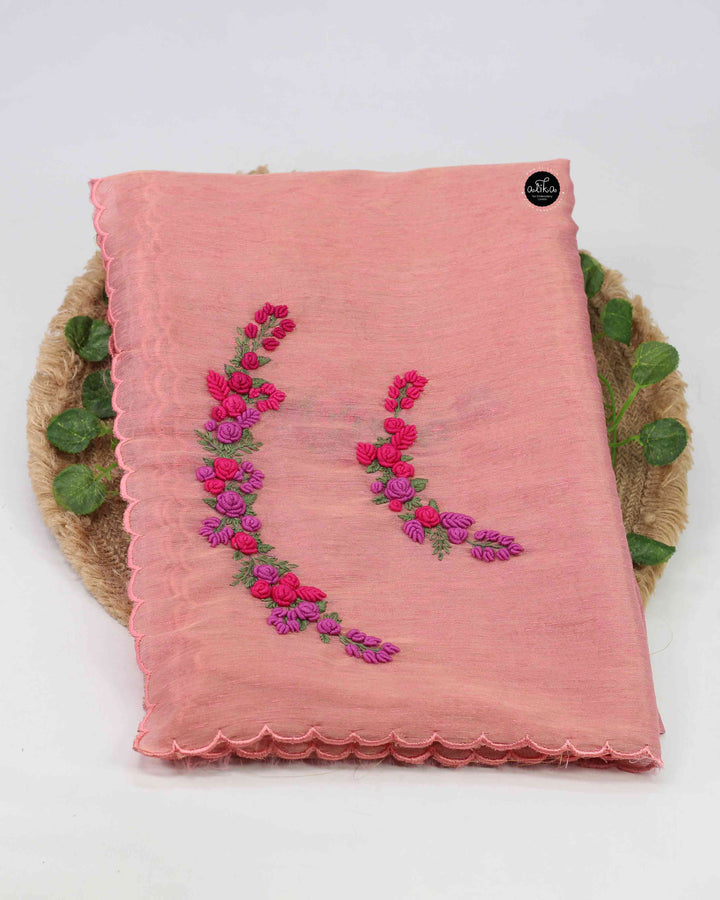 Peach Semi Silk Saree with Floral Hand Embroidery