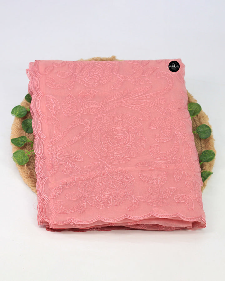 Blush Pink Crushed Silk Saree with Floral Machine Embroidery